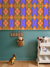 Load image into Gallery viewer, Moogin Soft Geometry Wallpaper in Blue and Peach by Mindy Macgregor