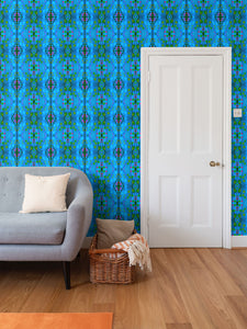 Moogin Nouveau-esque Wallpaper in Blue and Pink by Mindy Macgregor