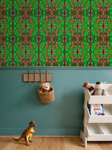 Moogin Nouveau-esque Wallpaper in Green and Pink by Mindy Macgregor