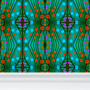 Moogin Nouveau-esque Wallpaper in Turquoise and Coral by Mindy Macgregor