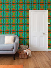 Load image into Gallery viewer, Moogin Nouveau-esque Wallpaper in Turquoise and Coral by Mindy Macgregor
