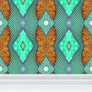 Moogin Soft Geometry Wallpaper in Aqua and Coral by Mindy Macgregor