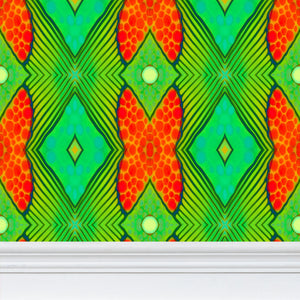 Moogin Soft Geometry Wallpaper in Lime and Orange by Mindy Macgregor