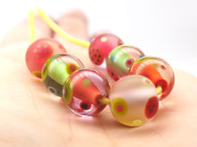 Load image into Gallery viewer, Moogin beads-  lampwork glass - Abstract botanical Etched and glossy  bead set - small round / rondelle
