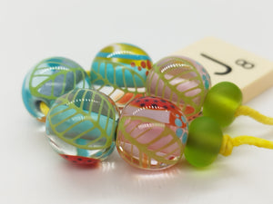 Moogin beads-  lampwork glass -Abstract botanical glossy  bead set - small round / rondelle