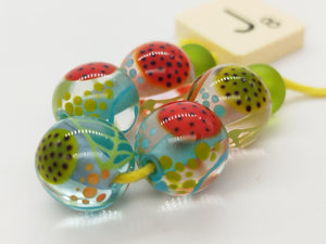 Moogin beads-  lampwork glass -Abstract botanical glossy  bead set - small round / rondelle