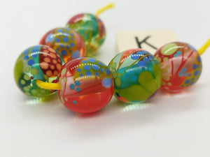 Moogin beads-  lampwork glass -Floral brights  glossy  bead set - small round / rondelle