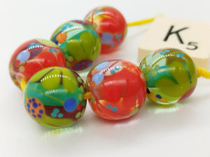 Moogin beads-  lampwork glass -Floral brights  glossy  bead set - small round / rondelle