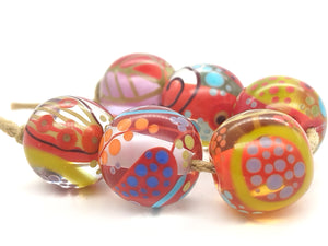 Moogin beads-  lampwork glass -Abstract botanical glossy  bead set - small round / rondelle