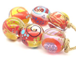 Moogin beads-  lampwork glass -Abstract botanical glossy  bead set - small round / rondelle