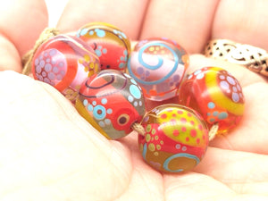 Moogin beads-  lampwork glass -Abstract botanical glossy  bead set - small round / rondelle