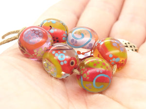 Moogin beads-  lampwork glass -Abstract botanical glossy  bead set - small round / rondelle