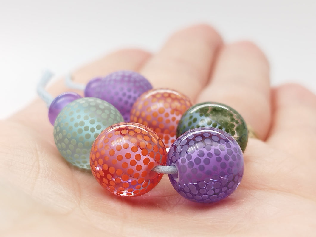 Moogin beads -  lampwork glass -Etched and glossy  bead set - small round / rondelle