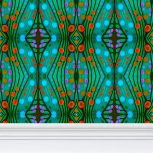 Moogin Nouveau-esque Wallpaper in Turquoise and Coral by Mindy Macgregor
