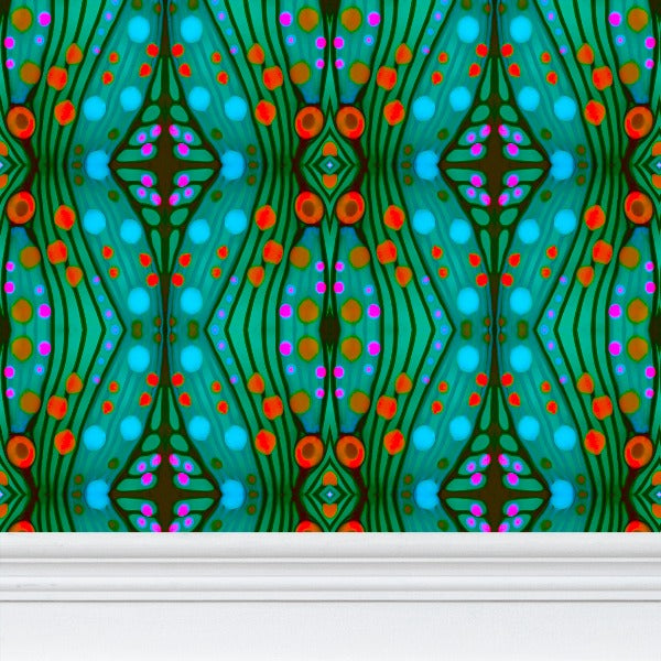 Moogin Nouveau-esque Wallpaper in Turquoise and Coral by Mindy Macgregor