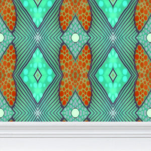 Moogin Soft Geometry Wallpaper in Aqua and Coral by Mindy Macgregor