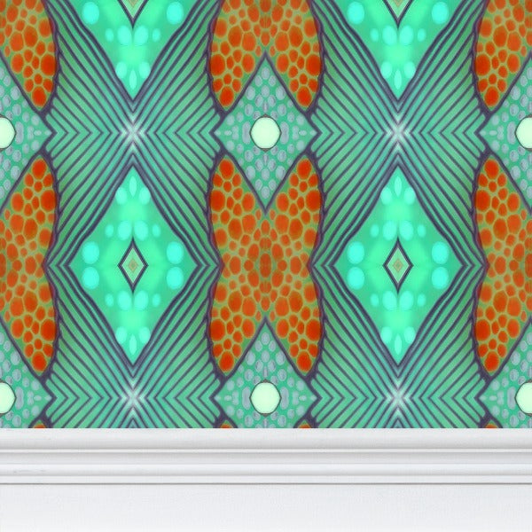 Moogin Soft Geometry Wallpaper in Aqua and Coral by Mindy Macgregor