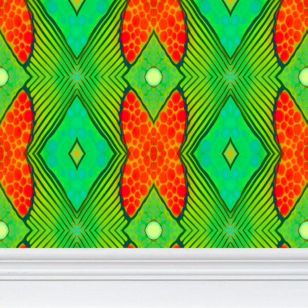 Moogin Soft Geometry Wallpaper in Lime and Orange by Mindy Macgregor